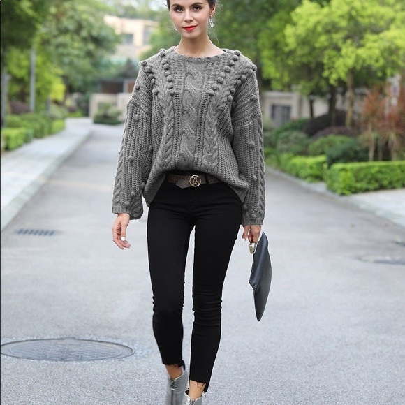 $ FIRM 🌷Black Cable Knit and Pom Pom Sweater - Picture 2 of 8